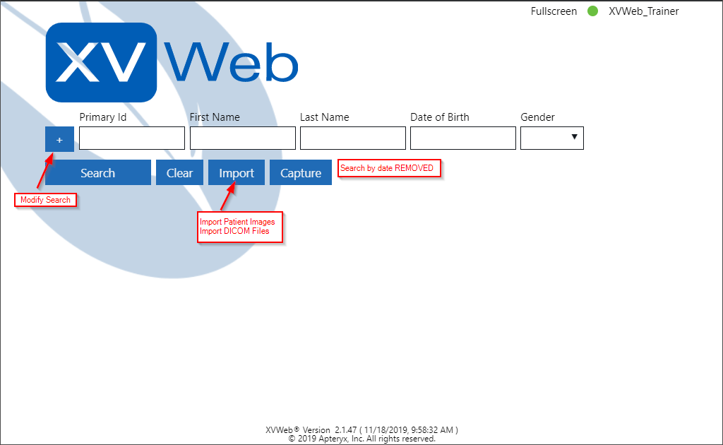 XVWeb main query screen with red arrows and callouts indicating the modify search and import buttons and a red callout reading the search be date link has been removed.