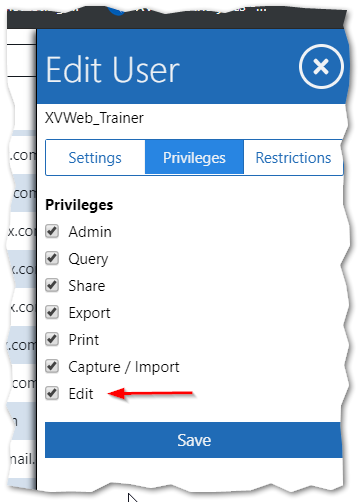The edit user privilege selection list with a red arrow indicating the Edit privilege.