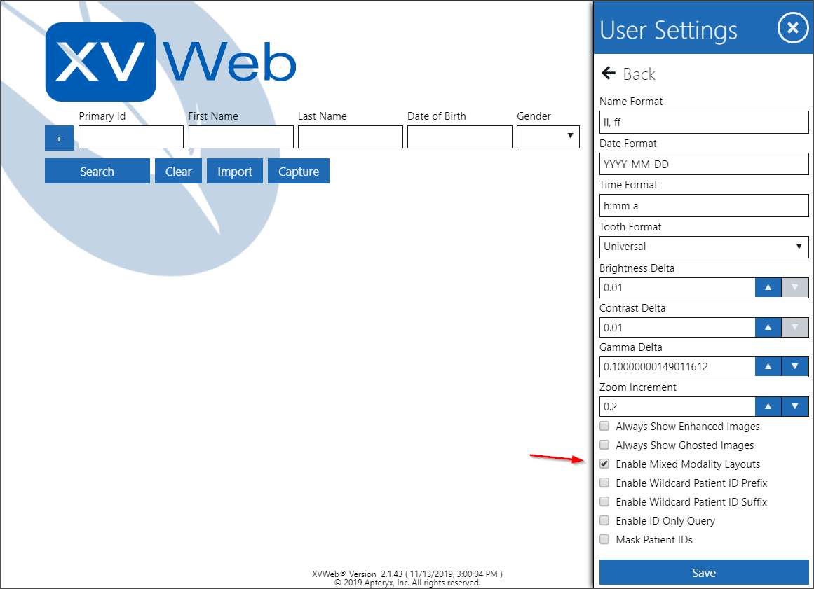 XVWeb User Settings panel with red arrow indicating Enable Mixed Modality Layouts.