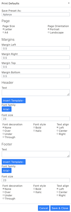 Print Defaults Edit Panel